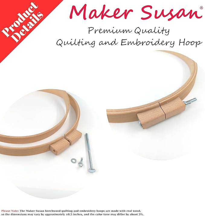 maker susan 12 inch round beechwood quilting hoop, wooden cross stitch hoop with adjustment screw, embroidery hoop, quilting frames for hand quilting, suitable for embroidery (round)