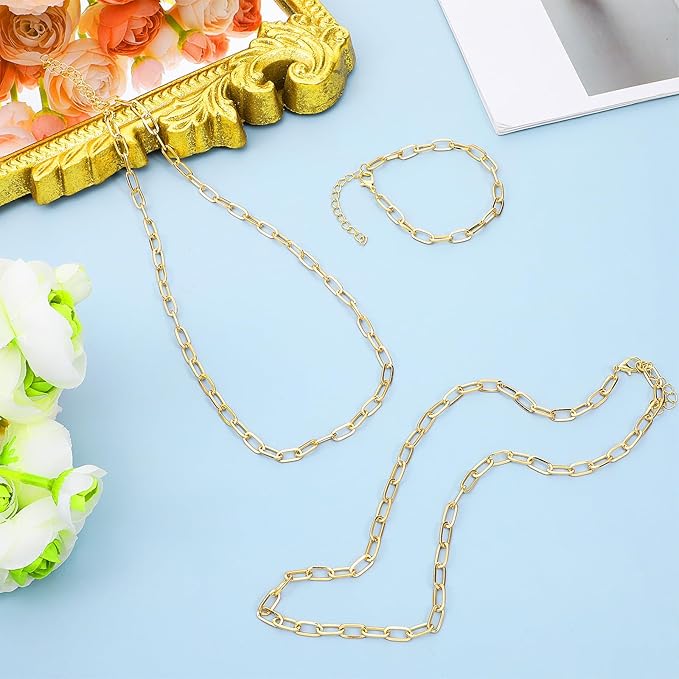 Oqqlin 20 Pcs Paperclip Chain Necklace Bracelet Kit, Gold Charm Necklace Bracelets Making Kit with Lobster Clasps Alloy Paperclip Chain Bulk for DIY Jewelry Making (18 Inch, 6.5 Inch)