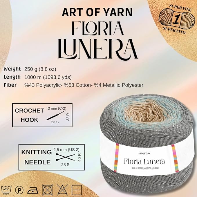 Floria Blumera Yarn 55% Cotton 45% Acrylic 250g 1093.6 Yards Multicolor Gradient Yarn Cake for Knitting Crochet Spring Summer Ombre Rainbow Cotton (Arctic Mint, Lunera)