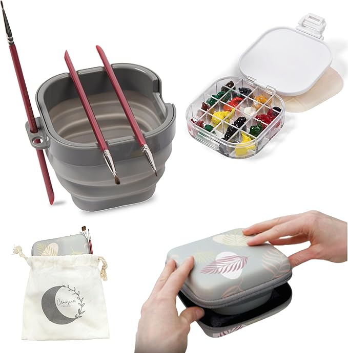 Airtight Watercolor Palette with Lid - Set of 5 Paint Brush Holder Cup with Paint Palette | Acrylic Paint Palette | Paint Brush Cleaner Cup | Painting Accessories | Painting Palette Gifts for Artists