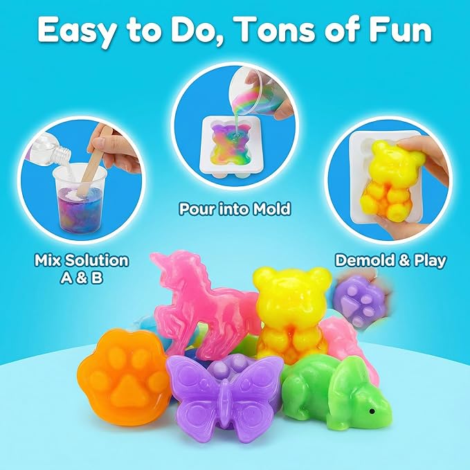 Carolart Make Your Own Squishies Animal Toys，6 Rubber Characters Making kit，Glow-in-the-Dark Science Activity kit, Silicone Squishies Craft Kit，Squeeze Gift Set for Boys and Girls Ages 6-12