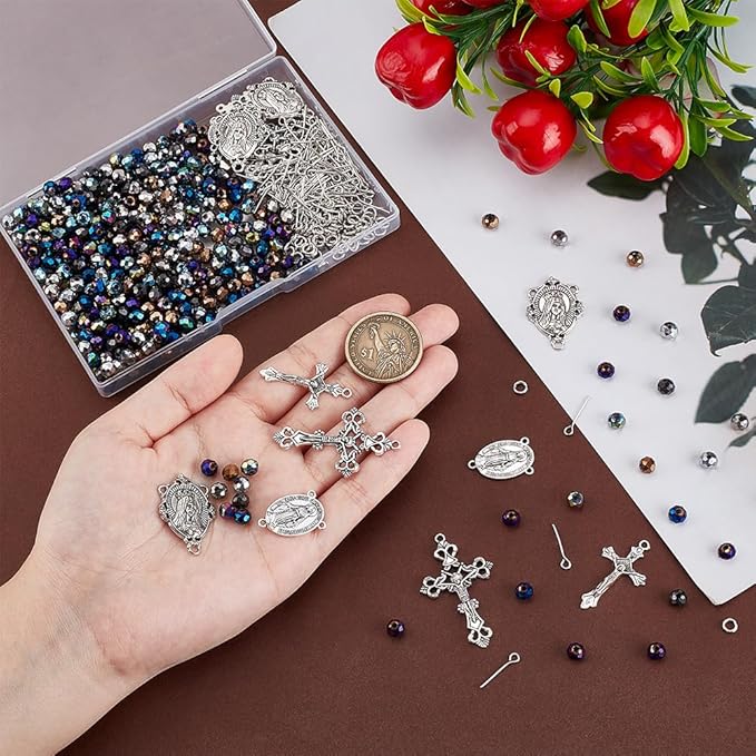 PH PandaHall 726pcs Rosary Jewelry Making Kit Prayer Making Supplies Crystal Glass Beads AB Color Loose Beads Cross Pendants Link Charms for Easter Ramadan Jewelry Making Necklace Bracelet Earring