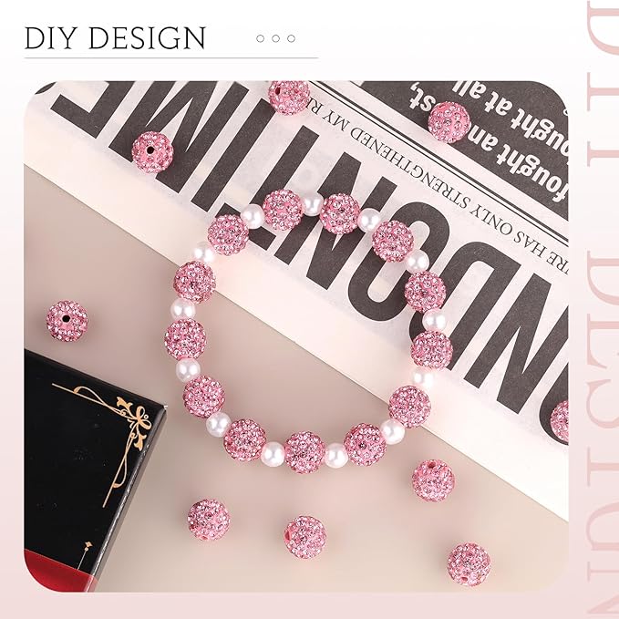 200 pcs pink rhinestone beads for jewelry making, sparkle crystal clay christmas for bracelet baseball necklace earring crafting and diy, shiny round shamballa disco ball beads bulk