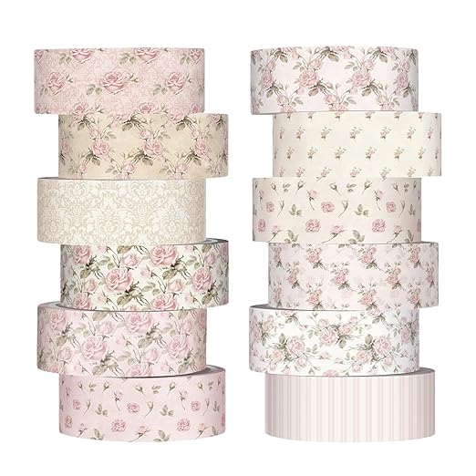 YooNotee 12 Rolls Watercolor Floral Washi Tape Set 15 mm Vintage Flower Decorative Masking Tape for Spring Arts DIY Craft Scrapbook Journal Supplies Gift Wrapping(Dusty Pink,Rose)