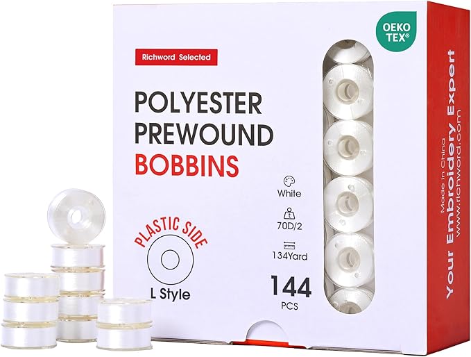 Poolin Prewound Bobbins, Richword Selected Plastic Sided, 144pcs Size L(SA155), 70D/2(60WT) Polyester Bobbin Thread for Commercial Multi Needles Embroidery Machine, White 110 Yards