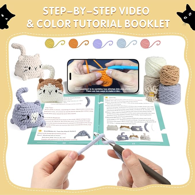 eelexa crochet kit for beginners, crochet animal kits for adults and kids, step-by-step video tutorials and easy peasy yarn, 3 cats