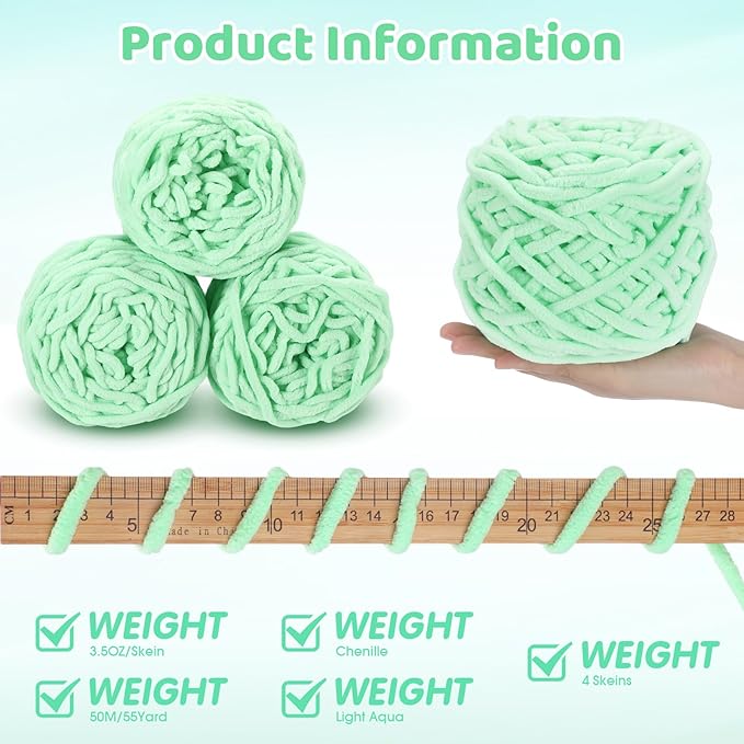Buryeah Chunky Chenille Yarn for Crocheting Soft Thick Fluffy Yarn for Hand Knitting Bulky Velvet Blanket Plush for Weaving DIY Crafts Each 3.5 oz 55 Yards(Light Aqua,4 Pack)