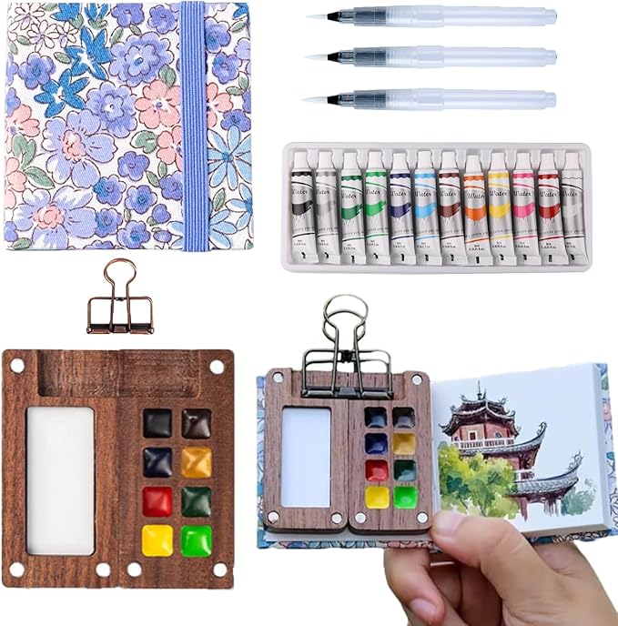 Aimery Mini Watercolor Paint Travel Set, Portable Small Miniature Pocket Water Color Painting Kit with Wooden Palette & Sketchbook(Lavender)