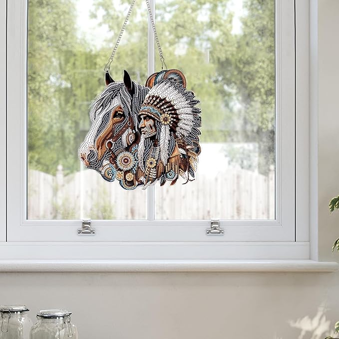 AiYuanzsh Diamond Art Suncatcher Hanging Kit Native American Horse Design, Special Shaped Diamond Painting Hanging Ornament for Adults DIY Wall Window Decoration