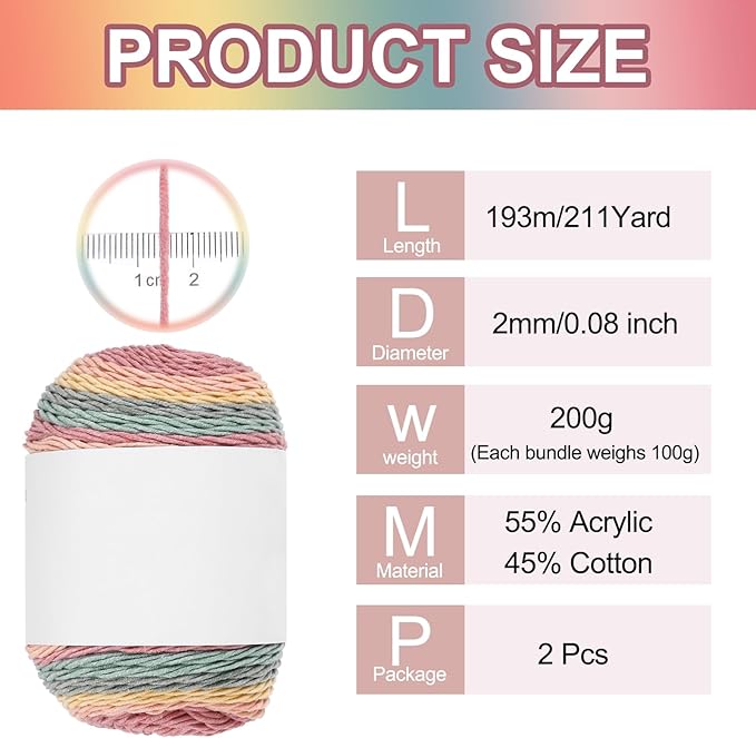 MECCANIXITY Cotton Acrylic Yarn for Crocheting, 422 Yard 5 Ply Soft Gradient Yarn Acrylic 45% Cotton 55% Used for DIY Knitting Blankets Scarves(2 Packx100g,Yellow,Rose Red,Blue,Green)