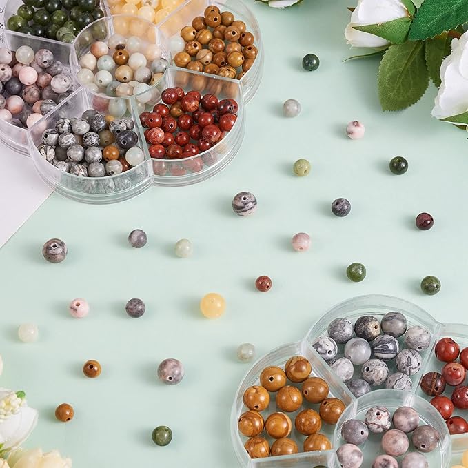 140 Pcs 7 Styles Natural Gem Jasper Beads - 8mm Round Smooth Spacer Beads for Necklace & Bracelet (Hole 0.8-1mm, 7 Colors)