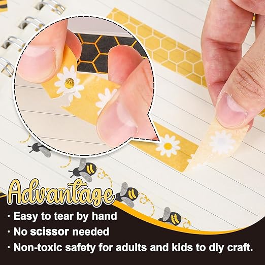 Whaline 12 Rolls Bee Washi Tape Foil Gold Honey Bee Washi Masking Tape 0.6 Inch Wide Bumblebee Honeycomb Daisy Print Decorative Adhesive Masking Tapes for Scrapbook Gift Wrapping DIY Art Crafts