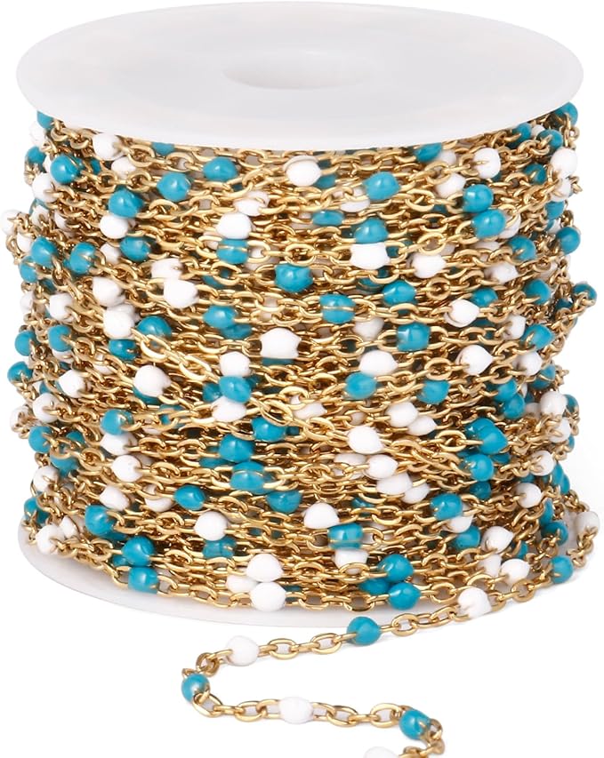 33 Feet Gold Enamel Chains Bulk, 2mm 18K Gold PVD Plated 304 Stainless Steel Blue White Enamel Beaded Cable Link Chain Roll Spool for Jewelry Making