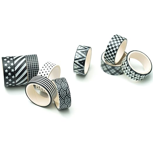 Basic Washi Tape Set 10 Rolls Black White Decorative Dot & Grid Masking Tapes for Journals, Planners, Scrapbooking, Gift Wrapping, DIY Crafts
