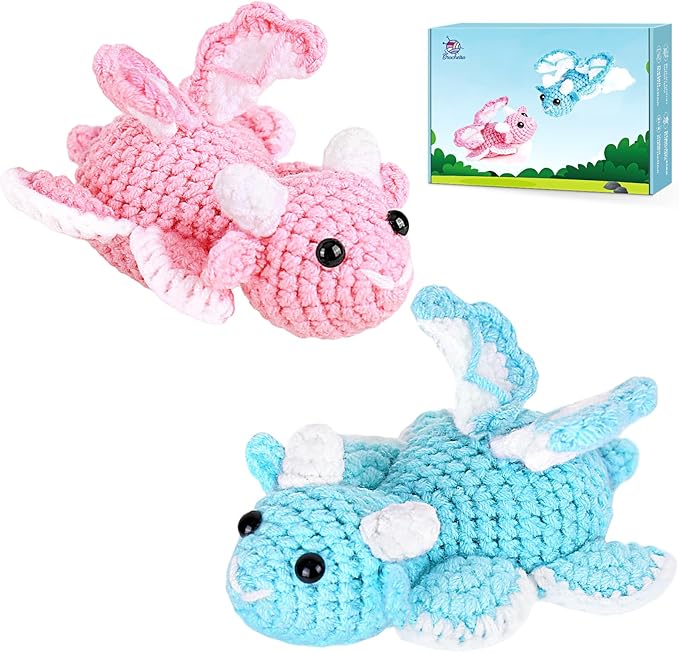 Crochet Kit for Beginners, Beginner Crochet Kit for Adults with Step-by-Step Video Tutorials, DIY Crochet Animal Kits Knitting Supplies, 2 Pack Dragon (40%+ Yarn)