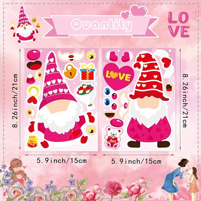 24 sheets valentine stickers for kids make a face sticker, valentines day stickers make your own valentine gnome stickers valentine' s day themed party favors supplies