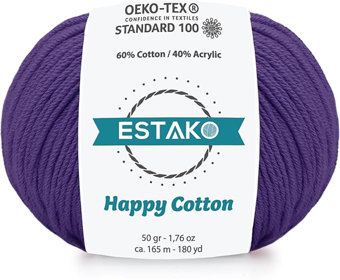 Estako Happy Cotton, 60% Cotton 40% Acrylic Yarn, Soft, Fine/Sport (2) for Crochet and Knitting 1.76 Oz (50g) / 180 Yrds (165m) (4640 - Violet)