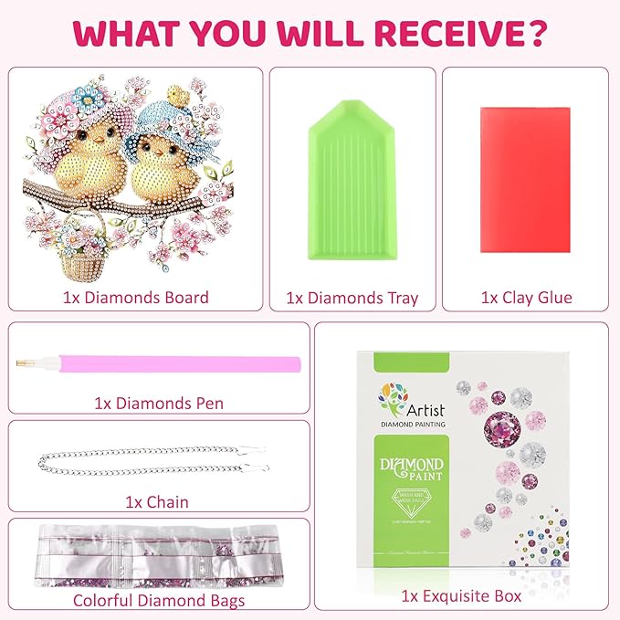 MEIYUDA Bird Diamond Art Hanging Kits for Adult, Flowers Bird Diamond Painting Hanging Kits Ornaments, DIY Special Shaped Rhinestone Window Pendants Kit for Home Garden Wall Decor Gift