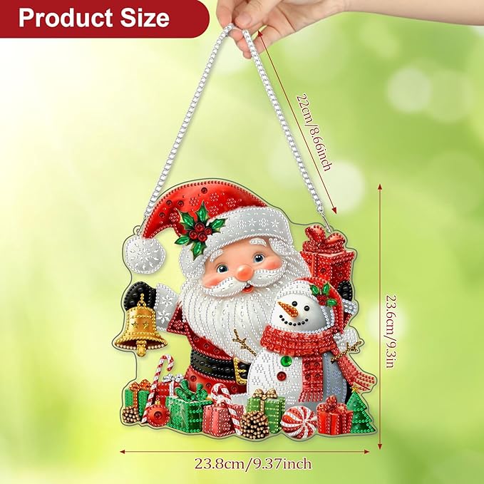 CEOVR Christmas Hanging Diamond Painting, Santa Claus Snowman Special Shape Diamond Art for Adults, Christmas Winter DIY Gem Art, Acrylic Home Garden Decor with Chain, Box Kit 9.37x9.3In