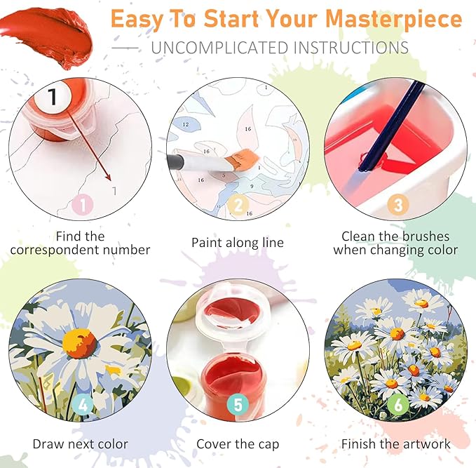 Framed Paint by Numbers Kit for Adults Beginners & Kids Ages 8-12, Daisy Flowers Acrylic Easy Paint by Number with Frame, Watercolor Paint by Number Kits on Canvas Framed (10 * 10 Inch, without Easel)