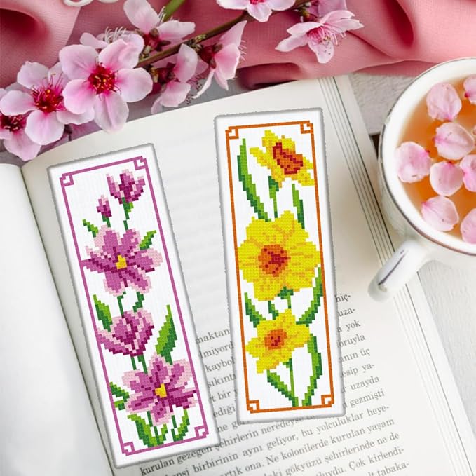 ORIGACH 6 Set Floral Cross Stitch Bookmark Kit for Beginner with Backing Felt Floss Instructions Magnolia Daffodil Rose DIY Stamped Embroidery Bookmark Kit for Adults, Book Lovers