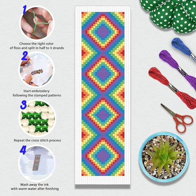 BEUNITONE Cross Stitch Bookmark Kit 6 Pcs Rainbow DIY Bookmarks Cross Stitch Kits for Adults Beginners Love Heart Pre-Sorted Floss Cross-Stitch Stamped Embroidery Kit with Instruction 8''x2.4''