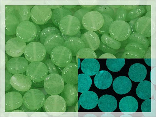 0.88oz (ab. 70pcs) Flat Round Coin 1-Hole Glass Beads, 0.31 inch (8mm), Czech Republic, Dirty Bright Green - Glow in The Dark Bright Blue