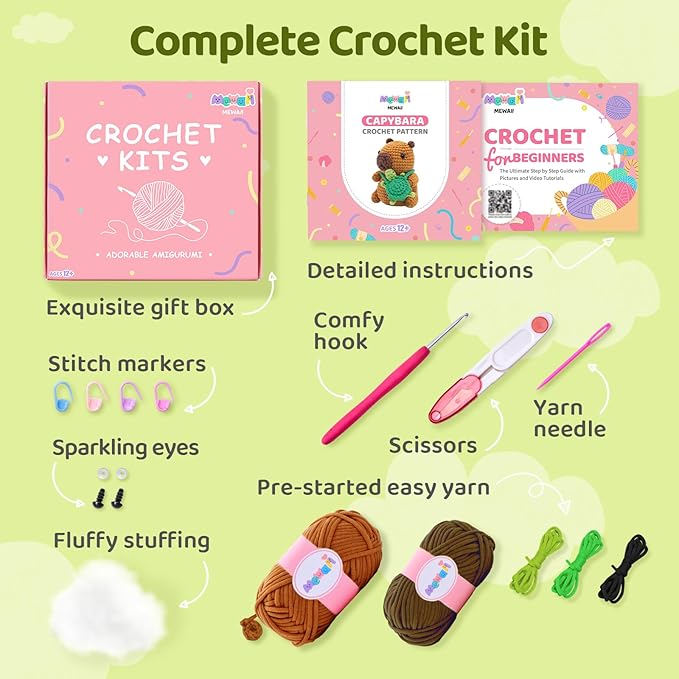 Mewaii Crochet Kit for Beginners Level 1 with 40% Extra Eco-Friendly Pre-Started Easy Yarn, Step-by-Step Video Tutorials for Adults and Kids (Capybara)