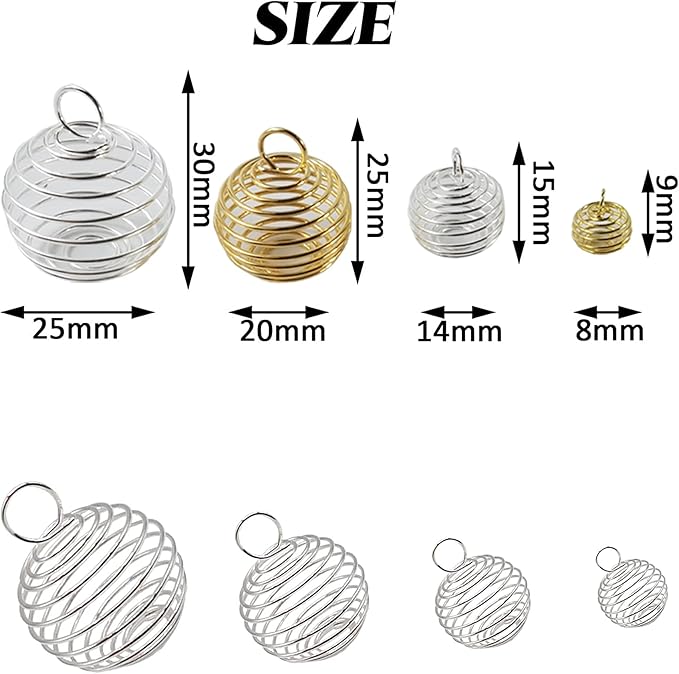 60PCS Spiral Bead Cages Pendants with 60PCS Chains Silver Plated for Jewelry Making Crafting Findings(8mm,14mm,20mm,25mm)