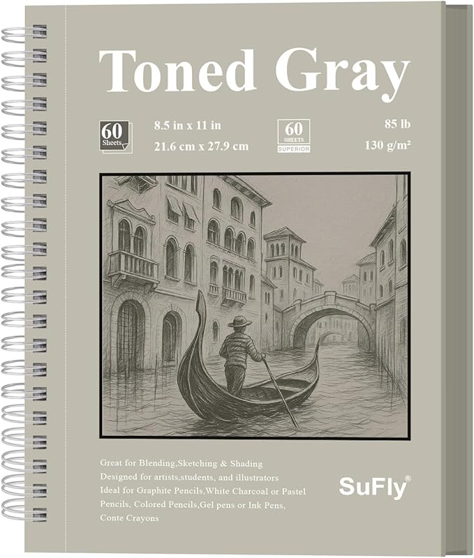 sufly toned gray sketchbook 8.5" x 11" - 60 sheets spiral bound artist drawing pad, 85lb/130gsm toned gray paper for graphite, charcoal, colored pencils and gel pens.