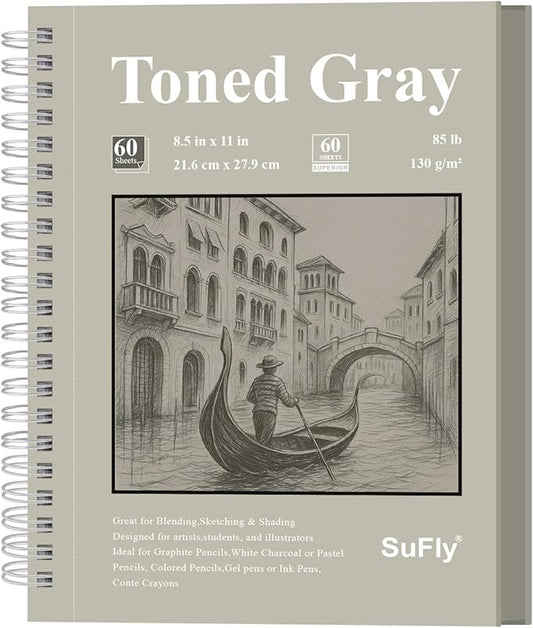 sufly toned gray sketchbook 8.5" x 11" - 60 sheets spiral bound artist drawing pad, 85lb/130gsm toned gray paper for graphite, charcoal, colored pencils and gel pens.