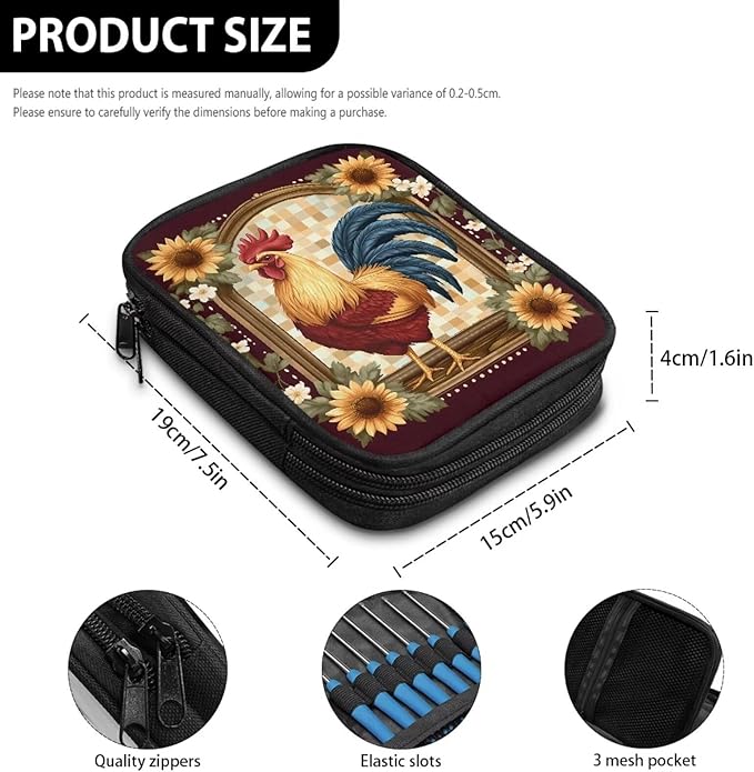 Hechitok Chicken Sunflower Crochet Hook Case with Zipper and Web Pockets for Crochet Needles/Knitting Accessories Lightweight Organizer Bag for Crochet Hook Kit Tools