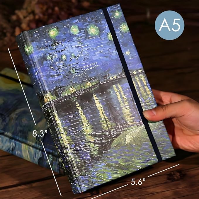 Art Journal, Sketch book, Blank Notebook, 130gsm, Thick Paper Sketchbook, A5, Hardcover Drawing Notebook, Blank Page Journal, Lay Flat, Unlined, Van Gogh Starry Night Over the Rhone