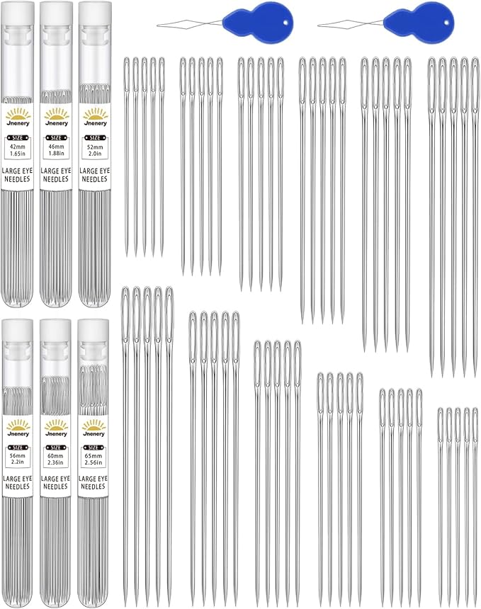 60 PCS Hand Sewing Needles, 6 Size Large Eye Sewing Needles, Leather Embroidery Thread Needle, Stainless Steel Knitting Quilting Needle for Handsewing Crafts, Repair with Threader