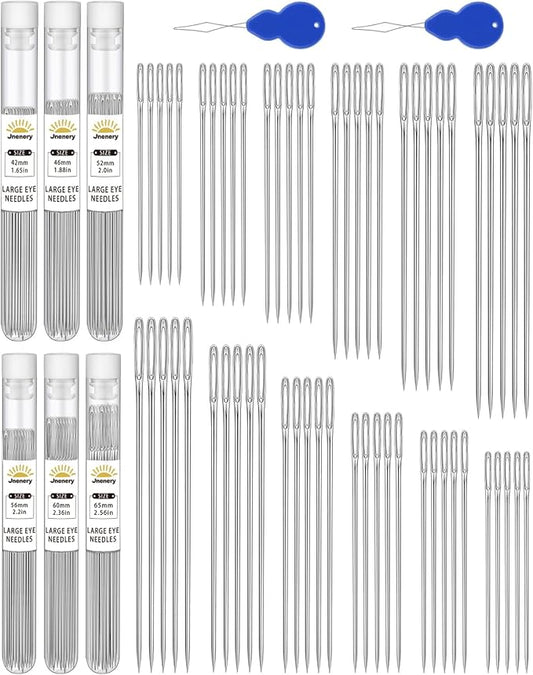 60 PCS Hand Sewing Needles, 6 Size Large Eye Sewing Needles, Leather Embroidery Thread Needle, Stainless Steel Knitting Quilting Needle for Handsewing Crafts, Repair with Threader