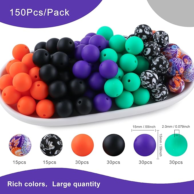 150Pcs Mixed Color 15mm Silicone Beads for Keychain Making, Purple Orange Halloween Print Silicone Beads for Pens and Bracelet Jewelry Making