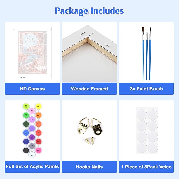 GHHKUD Landscape Paint by Numbers Kits with Frame for Adults Beginners, DIY Seaside Paint by Numbers for Kids, Painting Art on Canvas Gifts Home Wall Decor 20x30cm