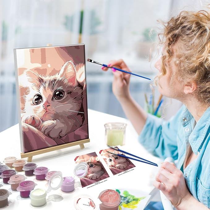 ATDMS Paint by Numbers Kit for Adults with Frame Cat Paint by Numbers with Easel DIY Cat Adult Paint by Number Kits Paint by Numbers Kit on Canvas for Gift Home Wall Decor 8x12 Inch