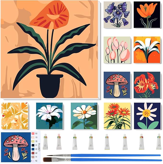 Nezyo 12 Sets Paint by Numbers Kit with Frame for Adult Beginners, Paint by Number DIY Acrylic Painting Canvas for Painting Party, Classroom Activity Birthday Gift, 8 x 8 Inch