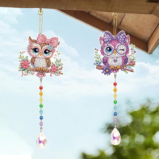 LazyFold 2 Pcs Diamond Painting Wind Chime Kits,Cute Owls DIY Diamond Art Painting Wind Chime Kits Crystal Art Suncatchers for Adults Home Garden Window Craft Gift