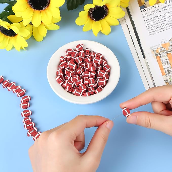 EVERMARKET 100pcs Football Beads Rubgy Polymer Clay Football Softball Beads Charms Rugby Ball Spacer DIY Sports Bead for Necklace Bracelet Handmade Jewelry Making Accessories Supplies