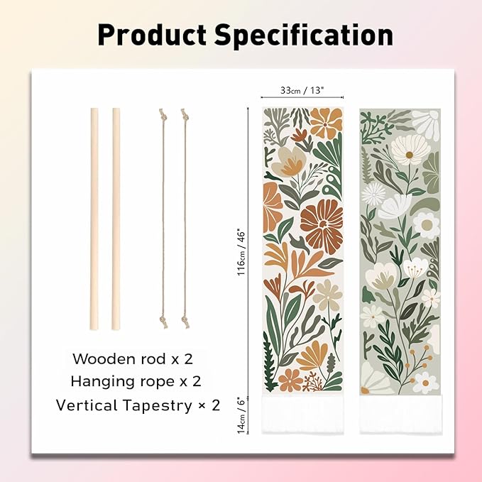 PLIGREAT 2 Pack Aesthetic Floral Botanical Wall Hanging, Boho Style Art Tapestry with Tassel Vertical Wildflower Narrow Wall Tapestry for Bedroom Living Room Bathroom Home Decor