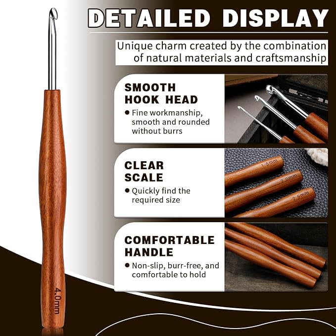 Nitlak Crochet Hooks Set, 3 Size Aluminum Ergonomic Crochet Hooks with Wooden Handle for Arthritic Hands, Beginners, Crochet Needles for Knitting Sweaters, Blankets(4mm/5mm/6mm)