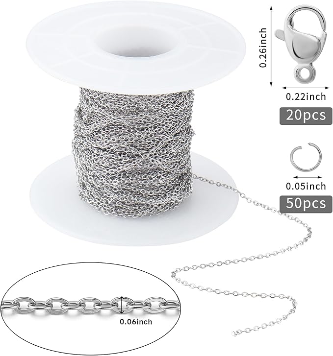 Topacket 33Feet Stainless Steel Necklace Chains Cable Link Chains for Jewelry Making DIY Craft Kit with Lobster Clasps Jump Rings
