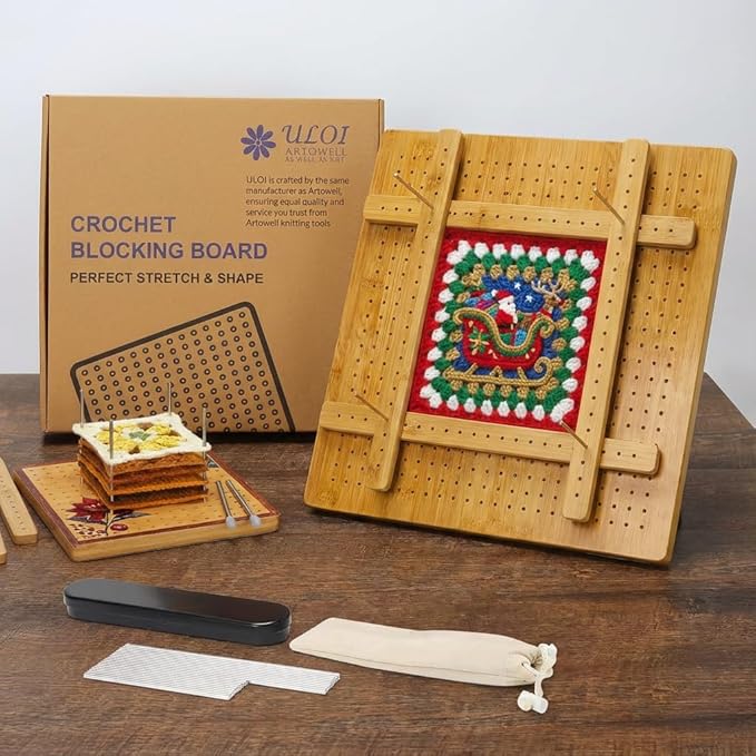 13”Crochet Blocking Board - Upgraded Style with 4 Tension Rods and 20 Pegs – Blocking Boards for Crochet Projects, Ideal for Granny Square Card Deck Users （Natural Colour）