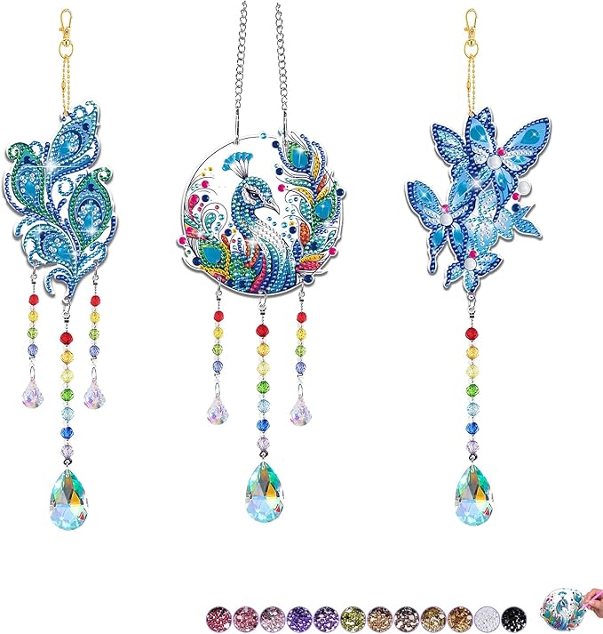 Arts and Crafts for Girls Ages 6-12, DIY Diamond Painting Kits for Kids Teens Adults, Birthday Gifts for 6 7 8 9 10 11 12 Year Old Girls, Peacock Butterfly Feather Wind Chimes for Home Garden Decor
