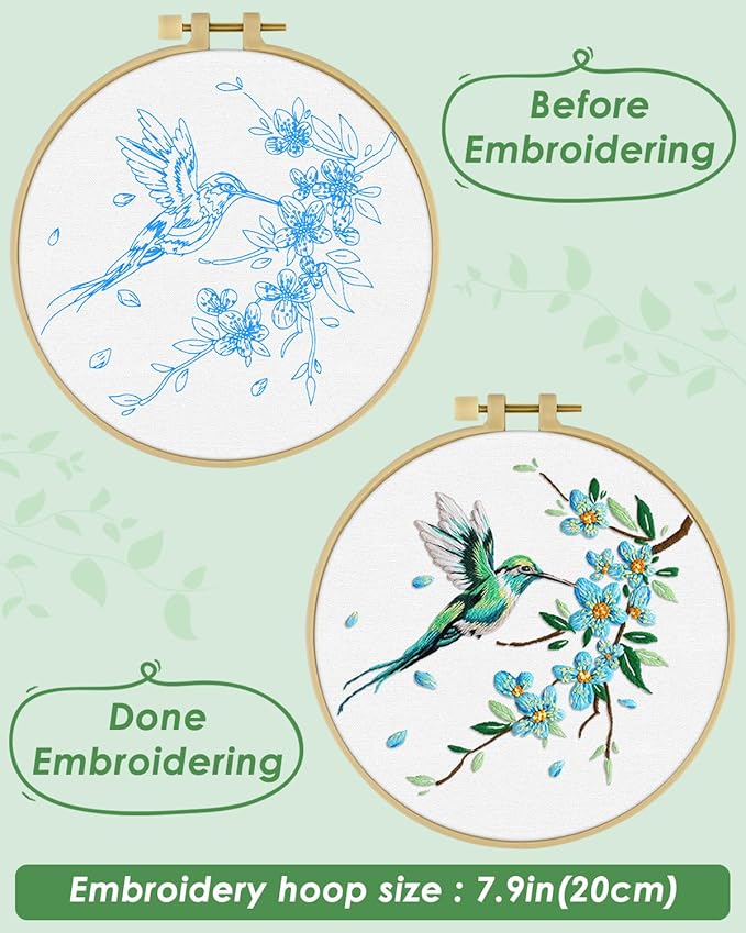 ERKOON Embroidery Kit for Beginners, Hummingbird and Flower Cross Stitch Set for Include Embroidery Cloth Hoops Threads for Craft Lover Hand Stitch with Embroidery Skill Techniques (Green Hummingbird)
