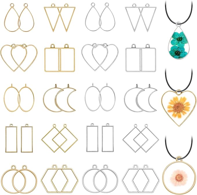 40pcs Open Bezel Pendants for Resin,2 Colors 10 Styles Assorted Geometric Hollow Frame Pendant Open Frame Pendant for Jewelry Making,Resin Casting,Pressed Flower,DIY Crafts(K Gold,White K)