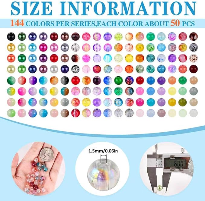 XSEINO About 7200PCS 6mm Glass Beads Bracelet Making Kit,144 Assorted Designs Special Color Series Crystal Floral Pearl Crack Ink Dual Colorful Beads for Bracelet and DIY Crafts and Jewelry Making