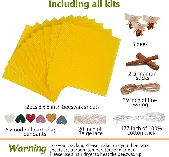 Bingfuego Beeswax Candle Making Kit for kids-12 Beeswax Sheets for Candle Making Rolling Kits, Natural Candle Making Kit (Natural Yellow Colors, 8 x 8 inch)